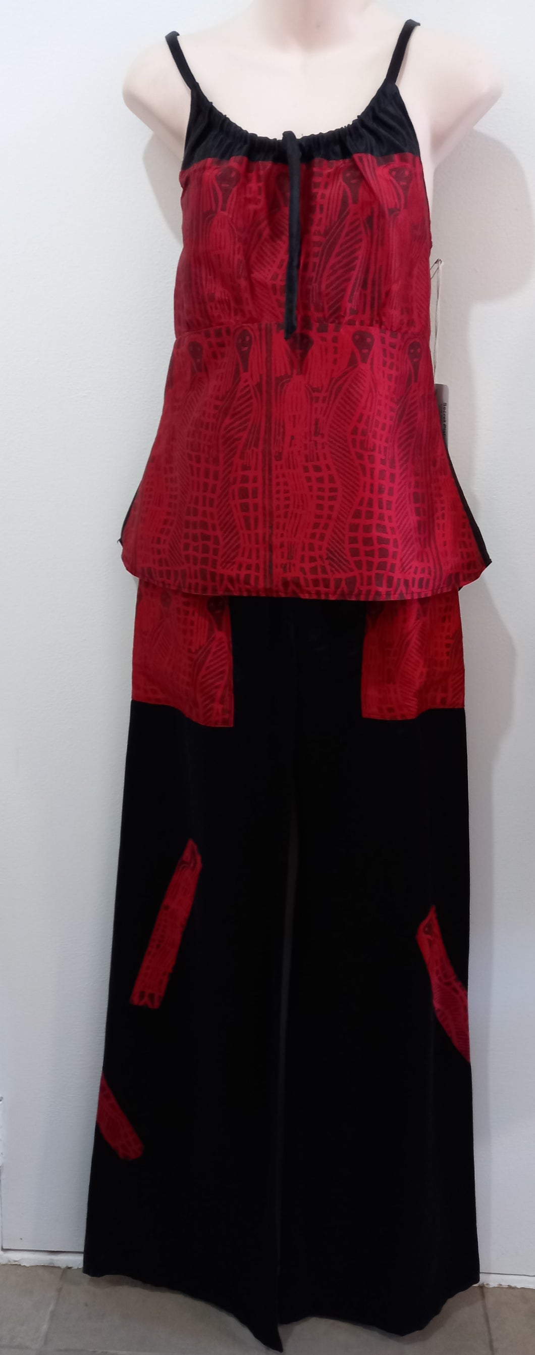 a Silk Outfit top & pants Size XS Yawkyawk Lino print on Silk