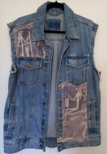 Upcycled Denim Vest with Lino print Mimih Dancing Applique Size: XLarge