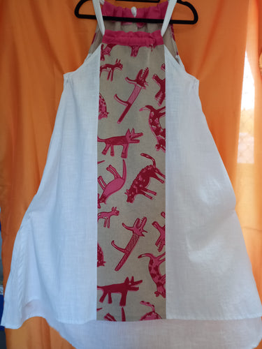 Dress, screen print front panel & back yoke with adjustable tie strap (5) XLarge Title: Birribang Duruk (Many Cheeky dogs)