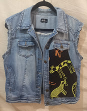 Load image into Gallery viewer, Vest : upcycled Denim Medium Title: Birribang Duruk (Many Cheeky dogs)