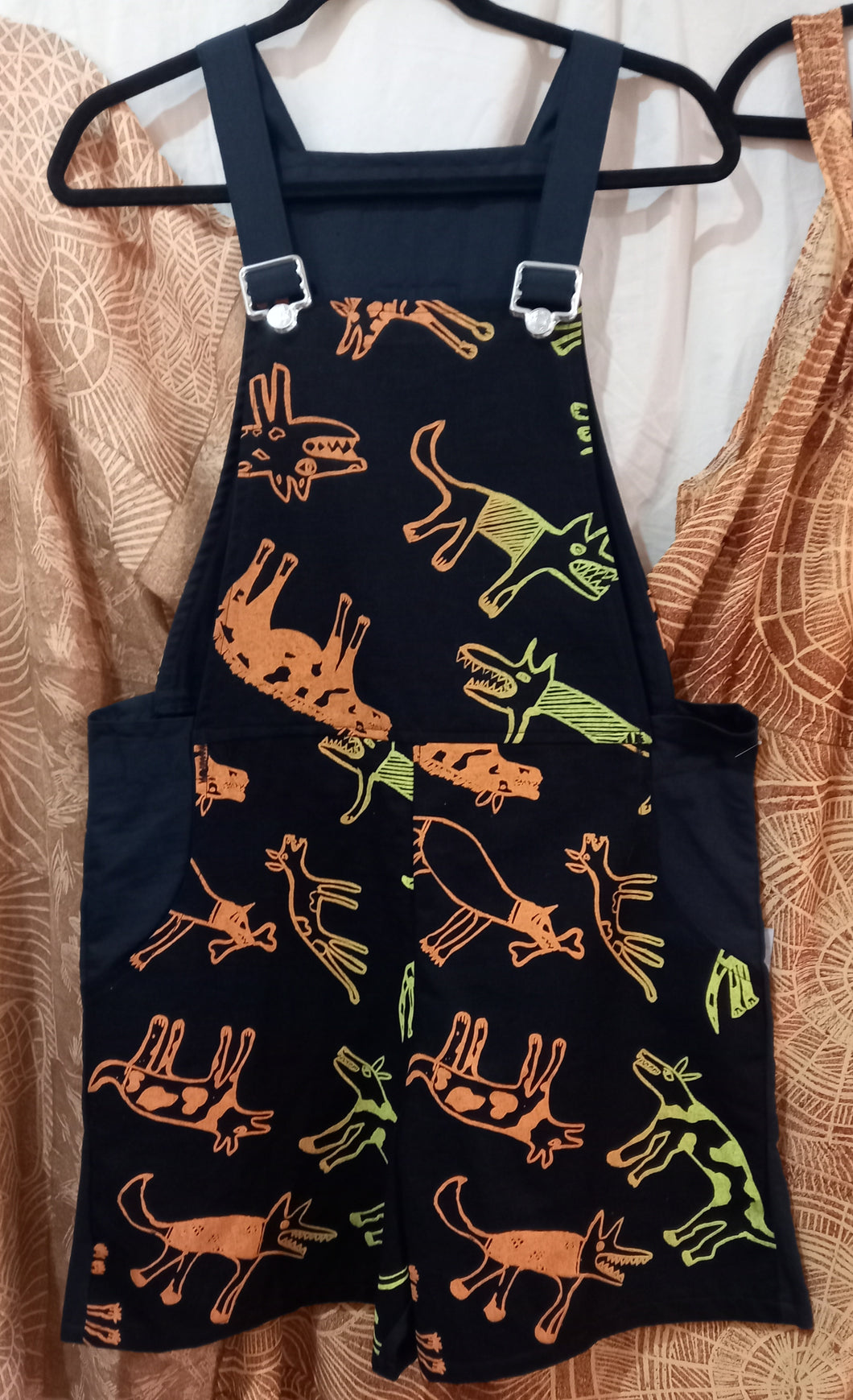 Overall shorts with Funky Pockets (2) Small/Medium Title: Birribang Duruk (Many Cheeky dogs)