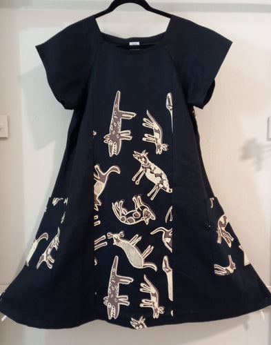 Dress: Panel (4) with Funky Pockets (Large) Title: Birribang Duruk (Many Cheeky dogs)