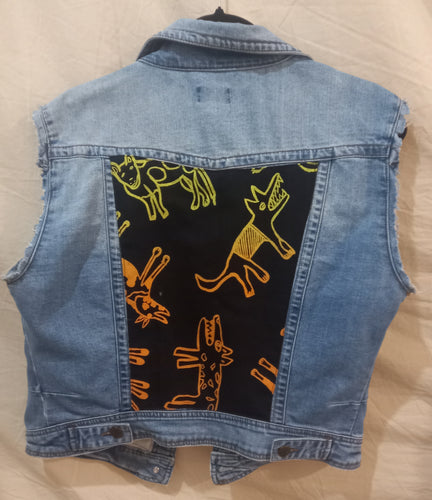 Vest : upcycled Denim Medium Title: Birribang Duruk (Many Cheeky dogs)